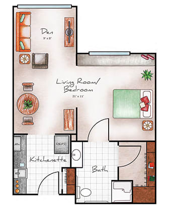A floor plan of a one-bedroom apartment, featuring a kitchen, bathroom, living room, and dining area.