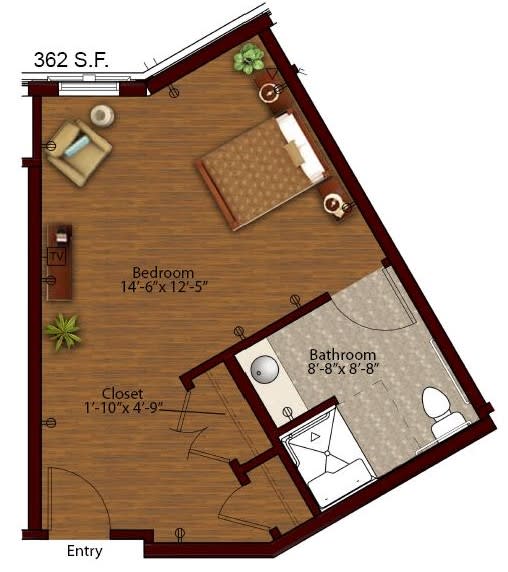 A floor plan of a compact studio apartment with designated areas for living, sleeping, and a bathroom.