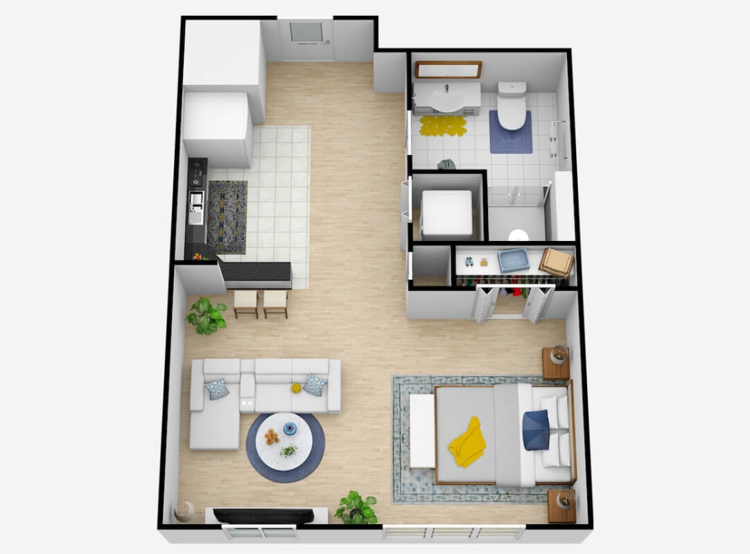 A 3D floor plan of a modern one-bedroom apartment with an open living area and kitchen.