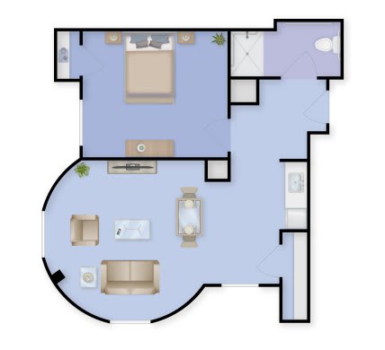 A floor plan of a one-bedroom apartment featuring a living room, kitchen area, and bathroom.