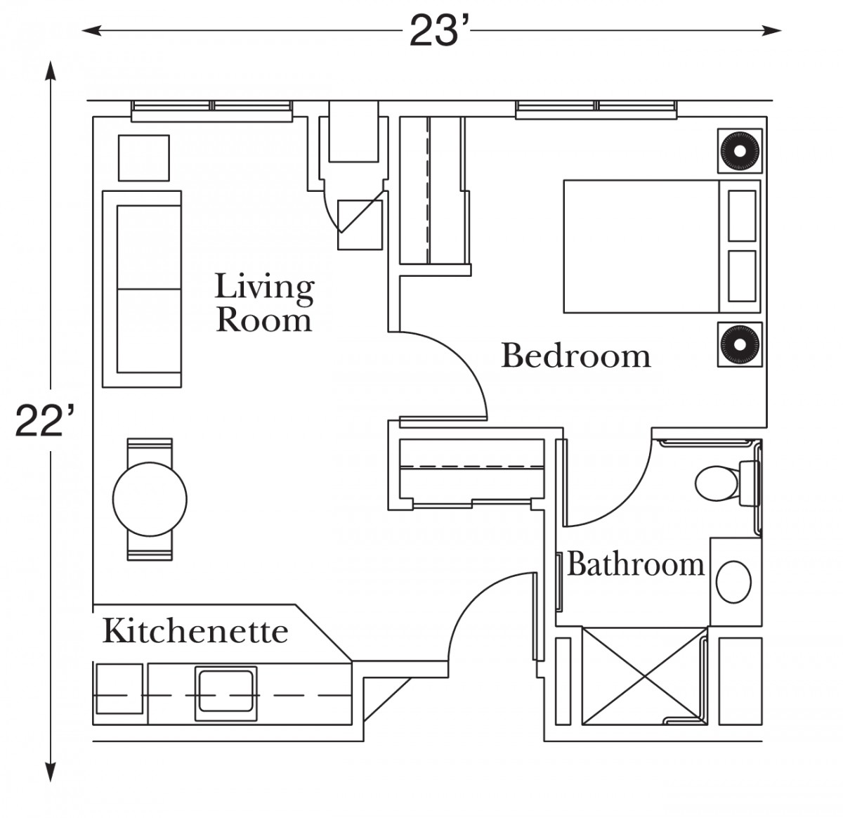 Floor plan of a compact apartment with living room, bedroom, bathroom, and kitchenette.