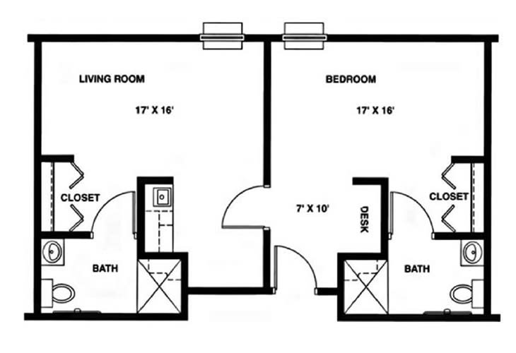 A floor plan showing an apartment layout with a living room, bedroom, two bathrooms, and closets.