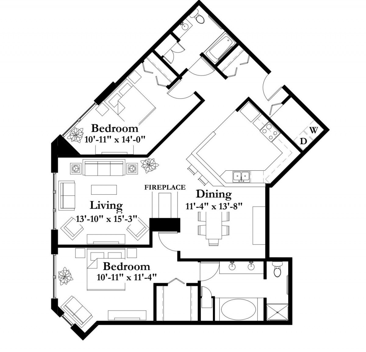 Two-bedroom apartment floor plan with living and dining areas.