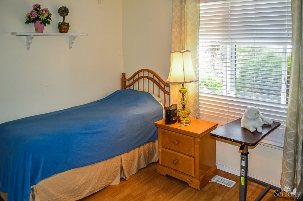 A cozy bedroom with a single bed and wooden furniture, illuminated by daylight through the window.