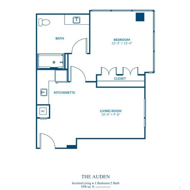 Floor plan of a one-bedroom apartment labeled 'The Alder'.