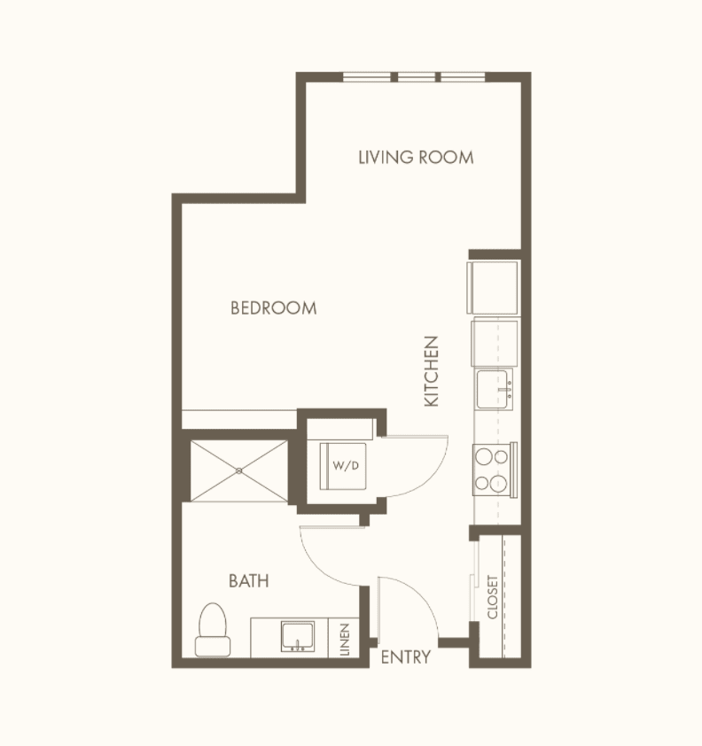 A minimalist floor plan of a studio apartment featuring a bedroom, bathroom, kitchen, and living area.