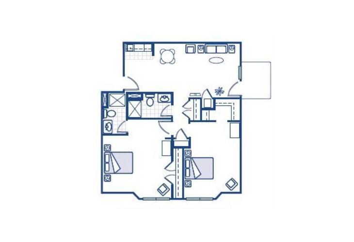 A blueprint of a two-bedroom apartment with a kitchen, living area, and bathroom layout.