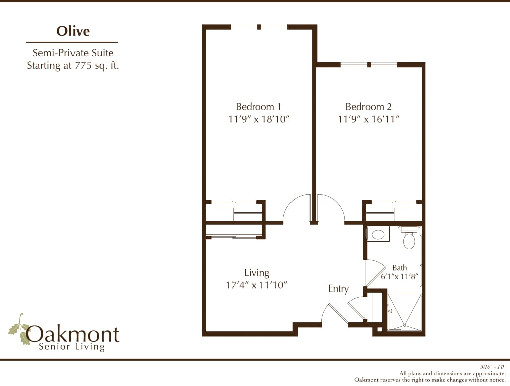 Two-bedroom apartment floor plan with labeled room dimensions.