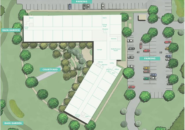 An architectural floor plan showcasing a building layout with surrounding landscaping and parking areas.