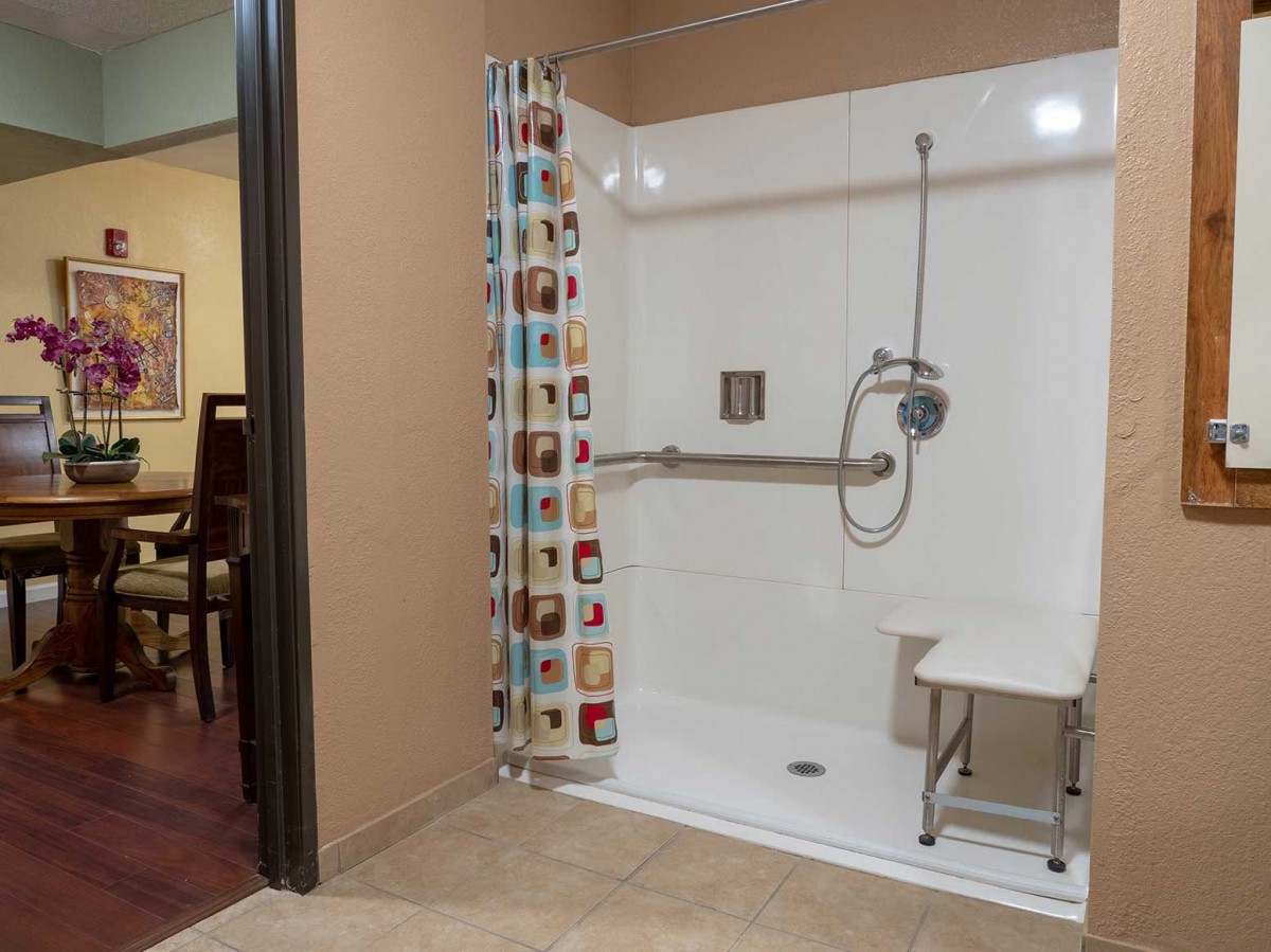 An accessible bathroom with a walk-in shower featuring grab bars, a shower chair, and a colorful curtain.