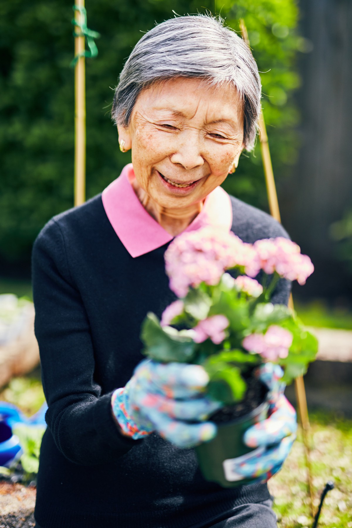 An elderly woman happily tending to her garden, holding a pot of pink flowers.