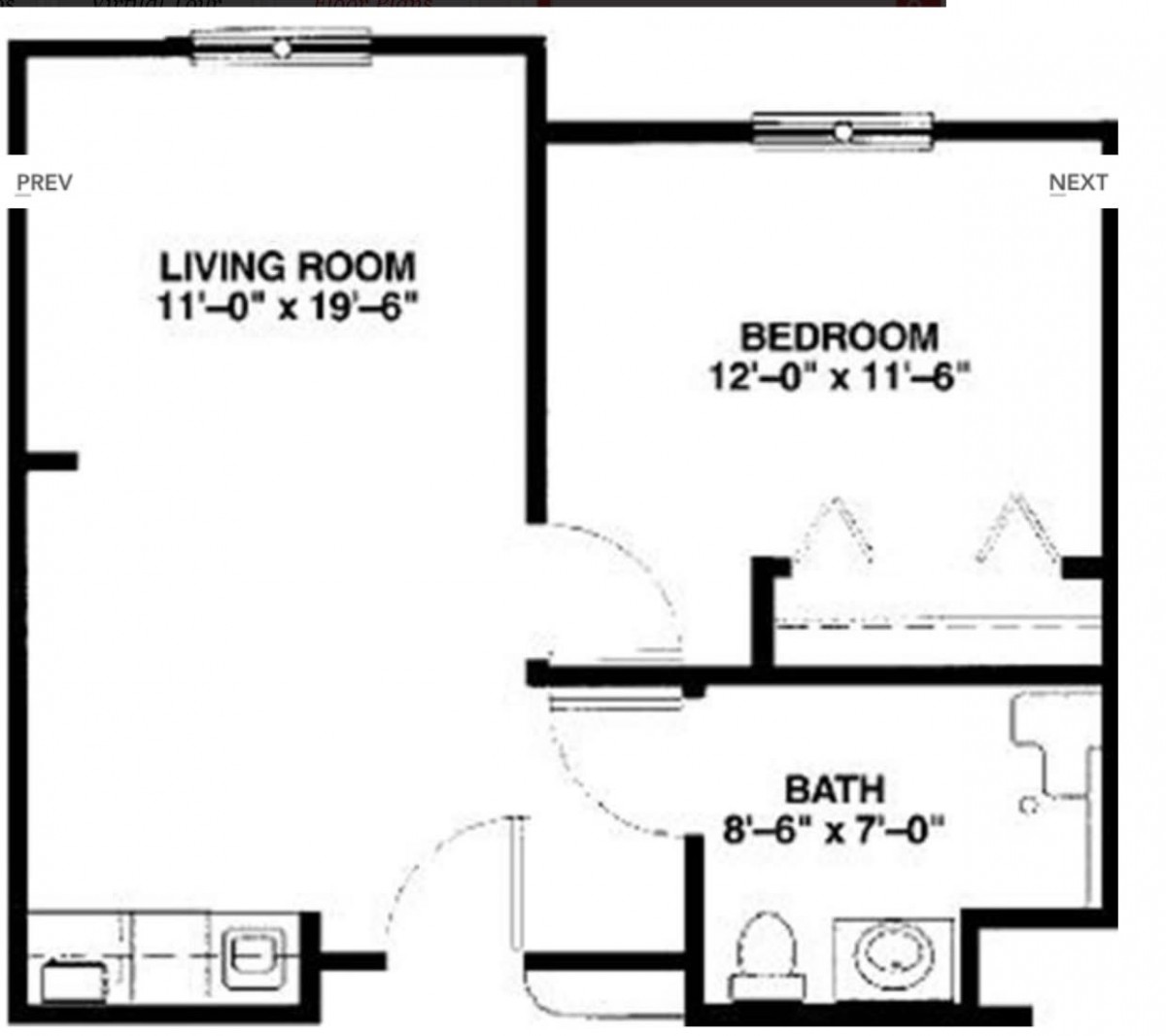 A simple floor plan of a one-bedroom apartment with dimensions for the living room, bedroom, and bathroom.