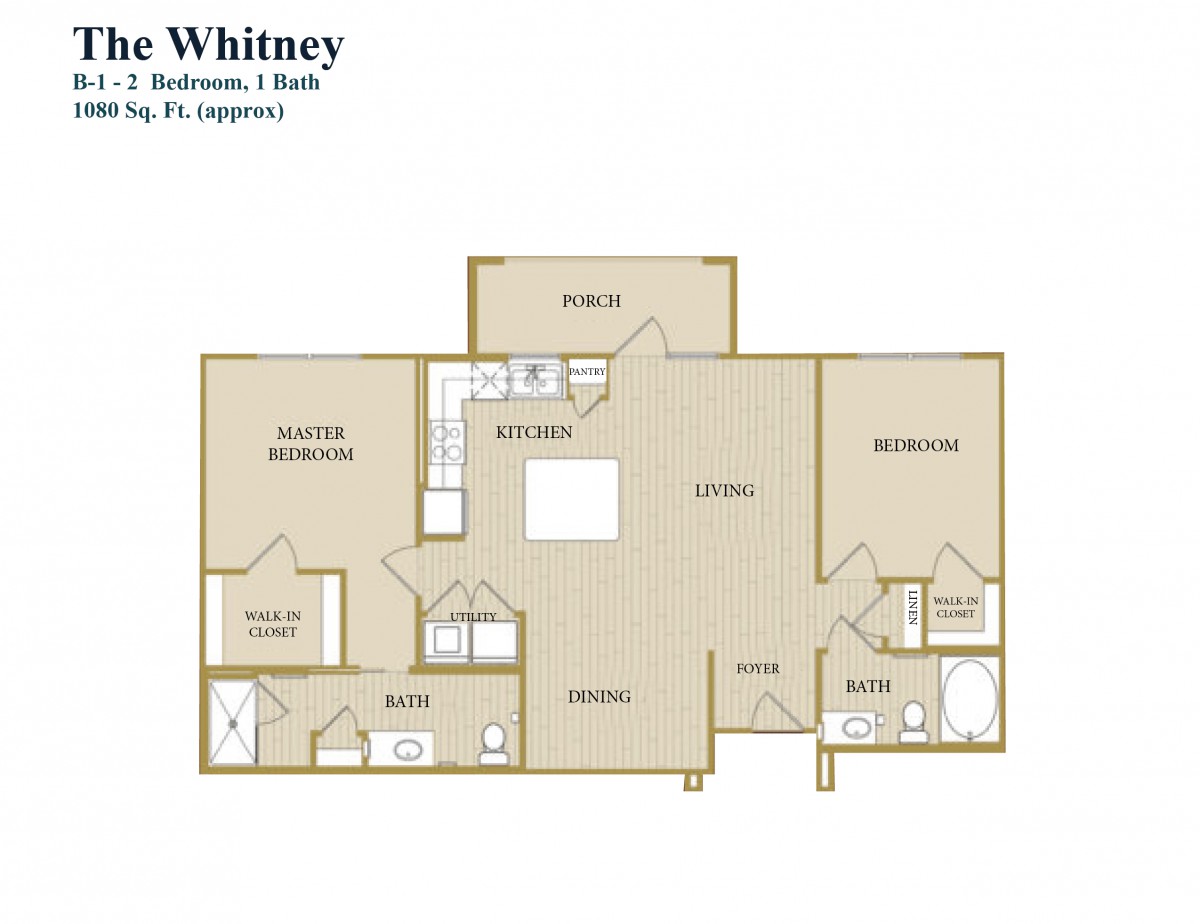 A floor plan of a two-bedroom apartment featuring a living room, kitchen, and bathroom.