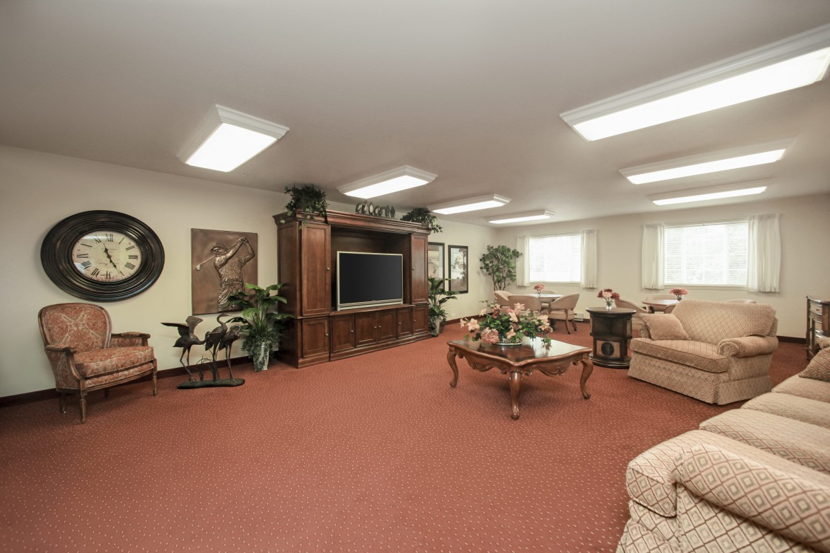 A spacious living room with comfortable seating, a large television, and decorative elements.