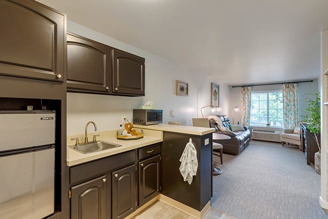 A cozy open floor plan featuring a small kitchen with dark cabinets and a connected living room area.