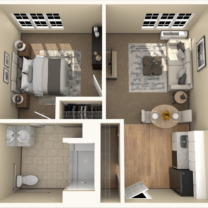A 3D floor plan of a one-bedroom apartment featuring a living room, kitchen, bathroom, and bedroom.