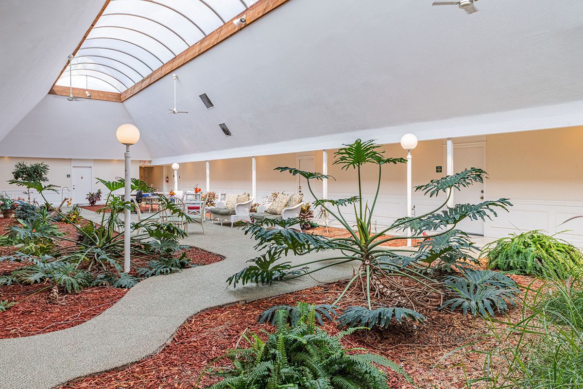 A modern indoor garden with a walkway and seating area, illuminated by natural light through the skylight.
