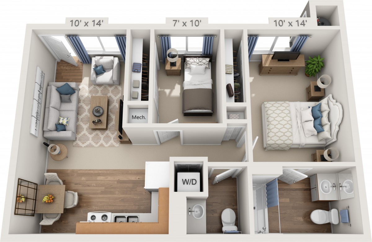 3D floor plan of a two-bedroom apartment with labeled dimensions.