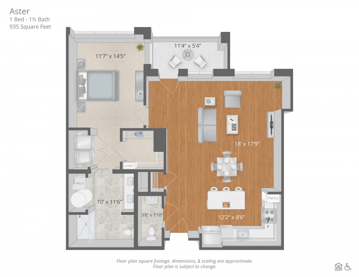 This image shows an apartment floor plan featuring a living room, kitchen, and bedroom.