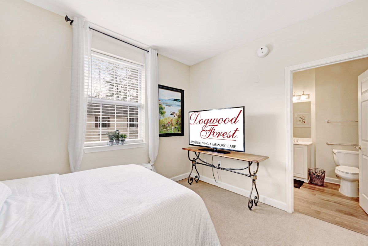 A bright bedroom with a large window, television, and minimal decor.
