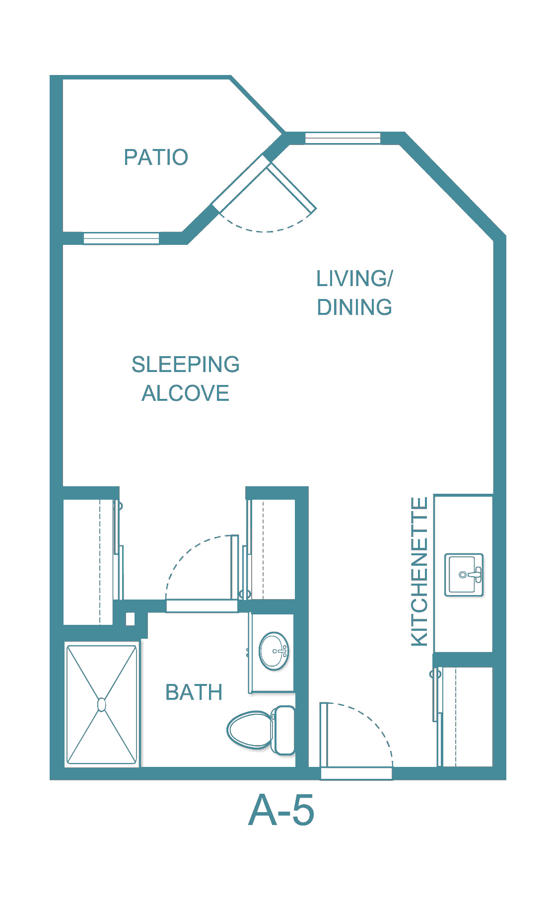 Floor plan of a studio apartment with a sleeping alcove, living/dining area, kitchenette, and bathroom.