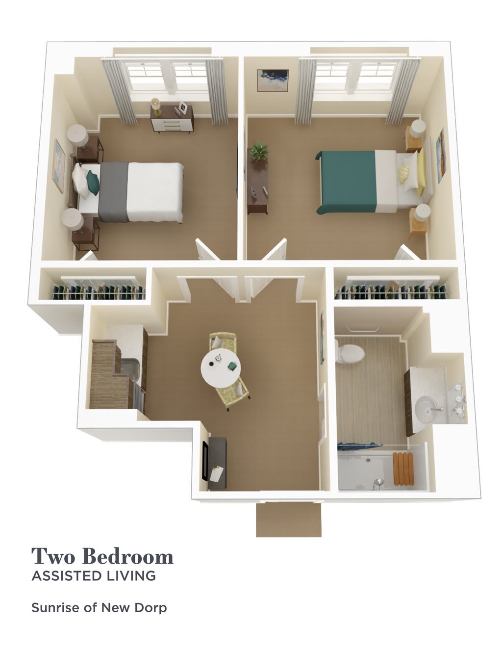 A 3D floor plan of a two-bedroom apartment layout.
