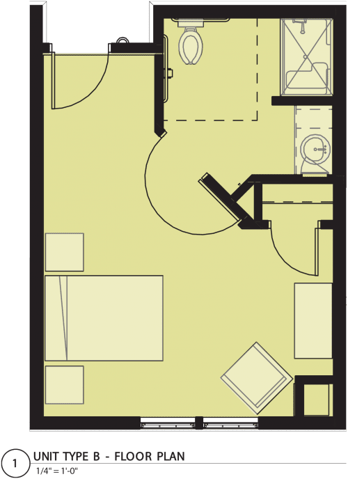 A floor plan showing a compact apartment layout with a bedroom, bathroom, and living area.