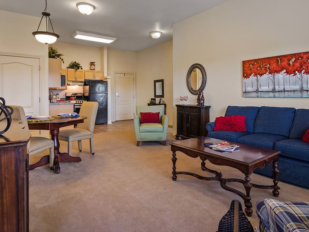 A cozy living and dining area with connected kitchen space, featuring a sofa, dining table, and decorative elements.