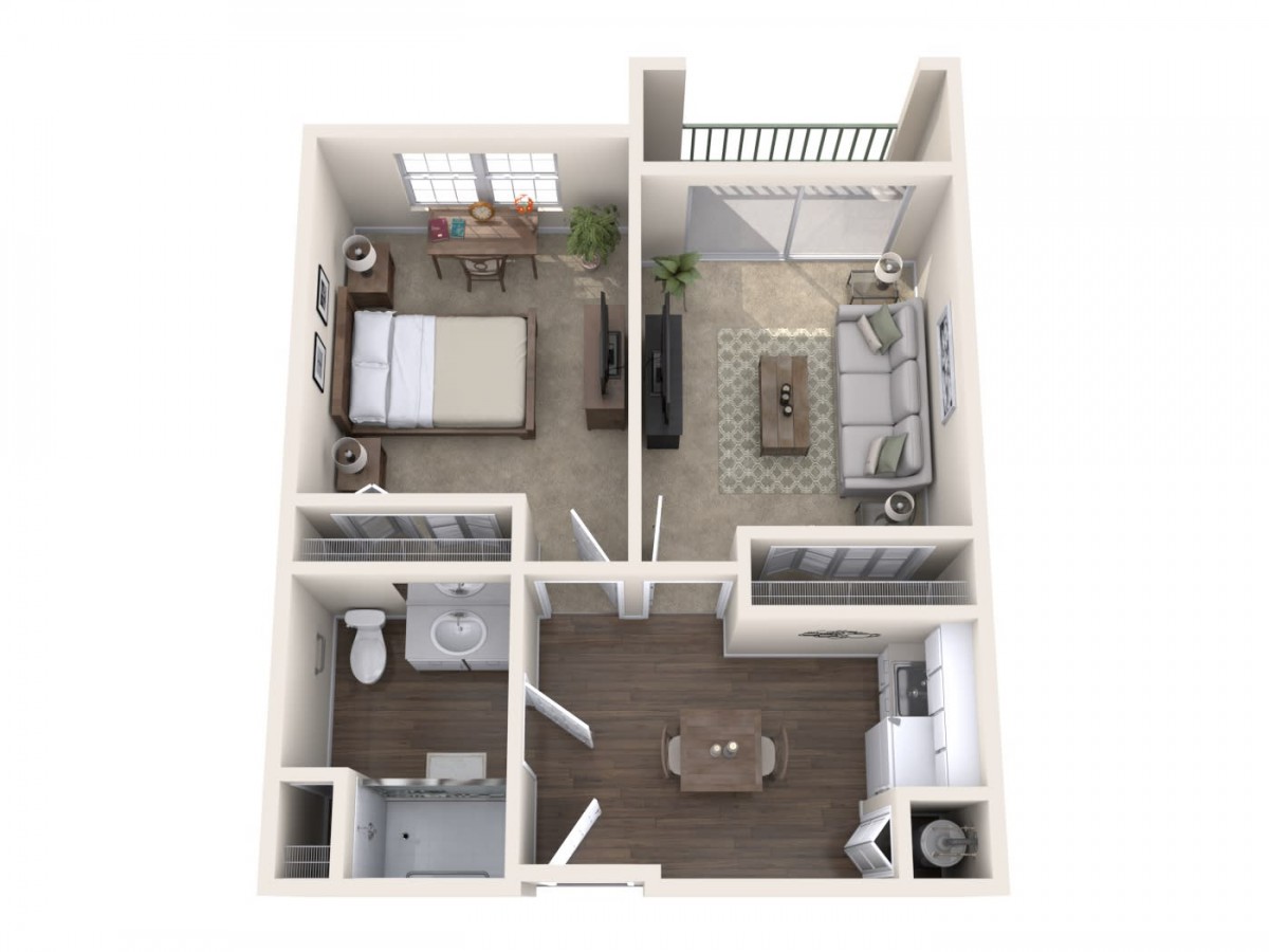 1-bedroom apartment layout with living room, kitchen, and bathroom.