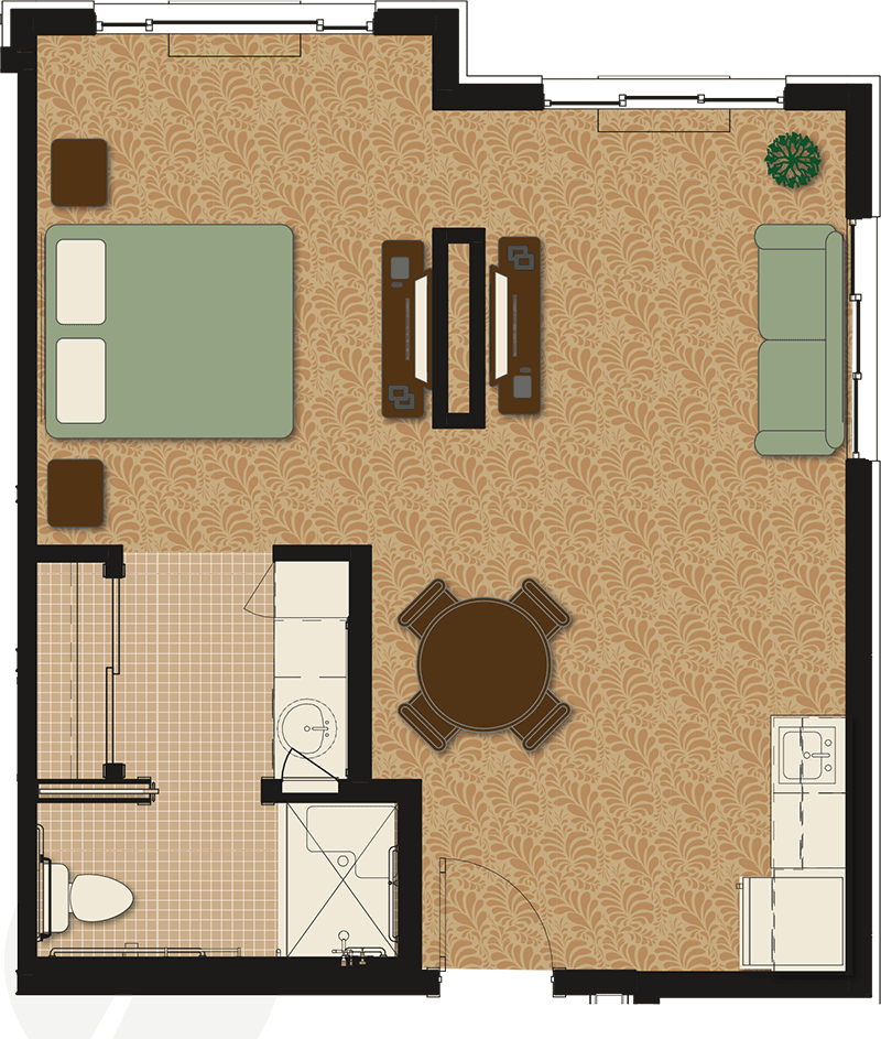 A floor plan layout of a studio apartment with designated areas for sleeping, living, cooking, and a bathroom.