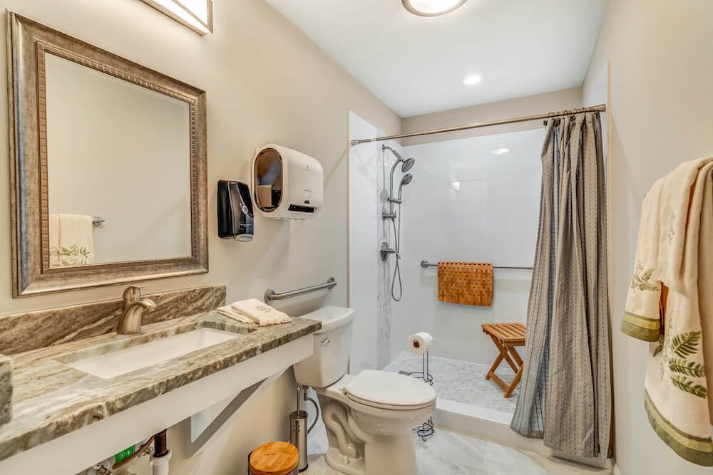 A modern bathroom featuring a walk-in shower, toilet, and sink with a large mirror and neutral decor.