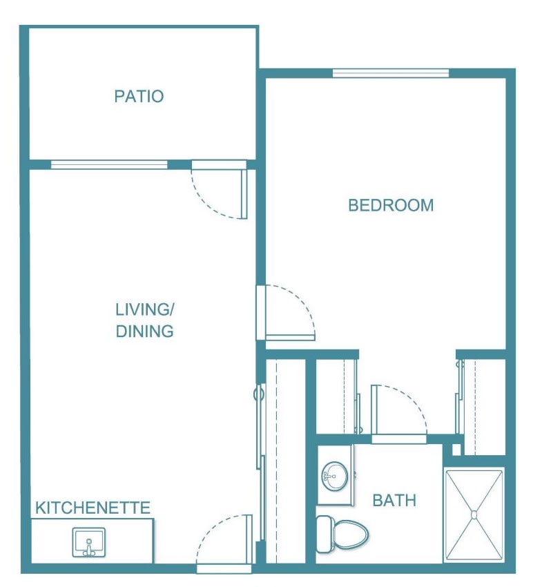 A simple one-bedroom apartment floor plan featuring a living/dining area, kitchenette, bathroom, bedroom, and patio.