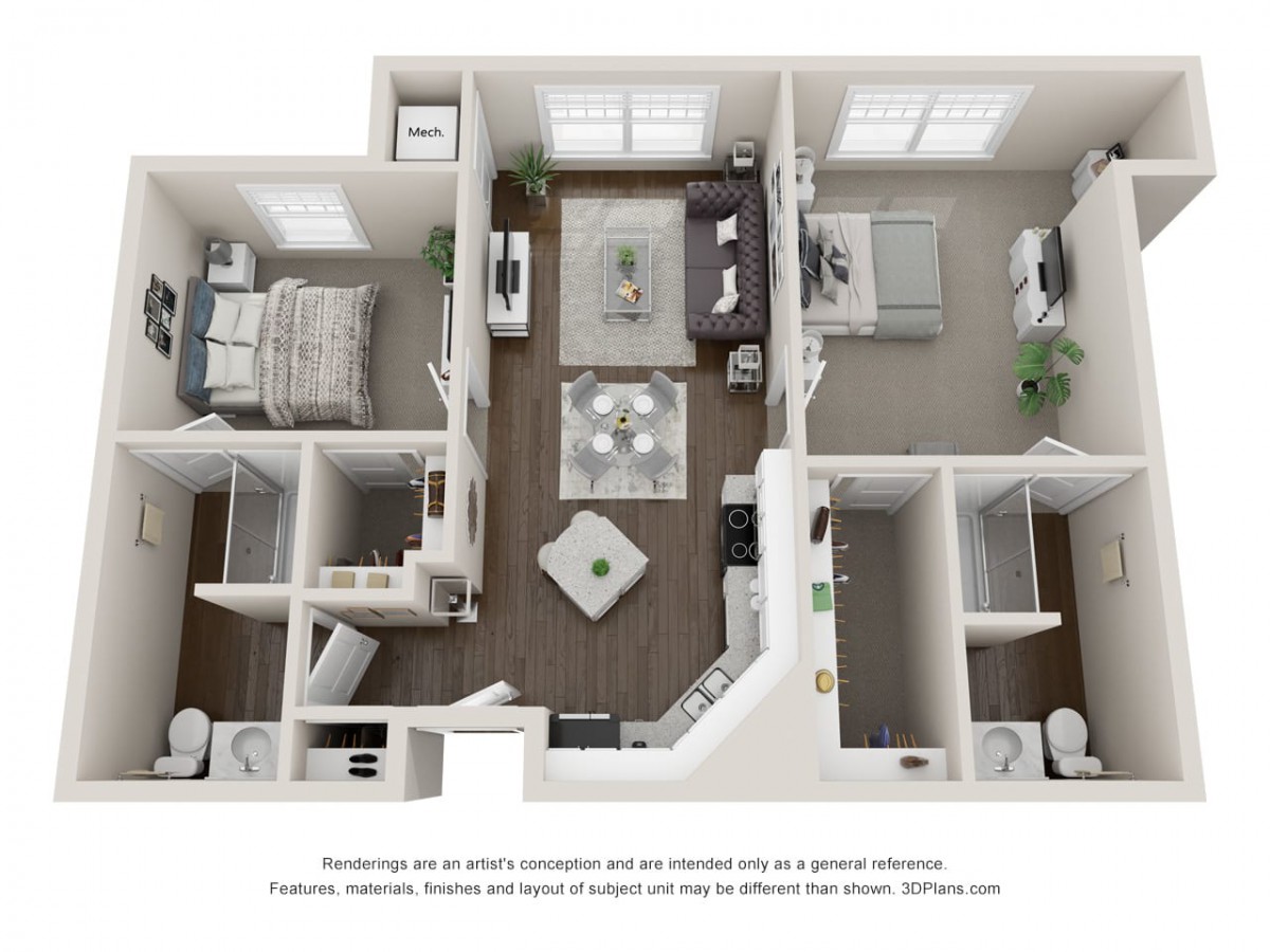 A 3D rendered floor plan of a two-bedroom apartment featuring a living room, kitchen, and two bathrooms.