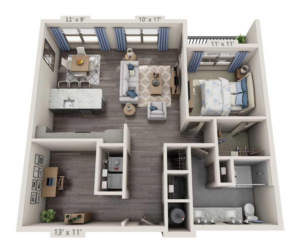 A 3D rendering of an apartment floor plan featuring a bedroom, living area, kitchen, and bathroom.