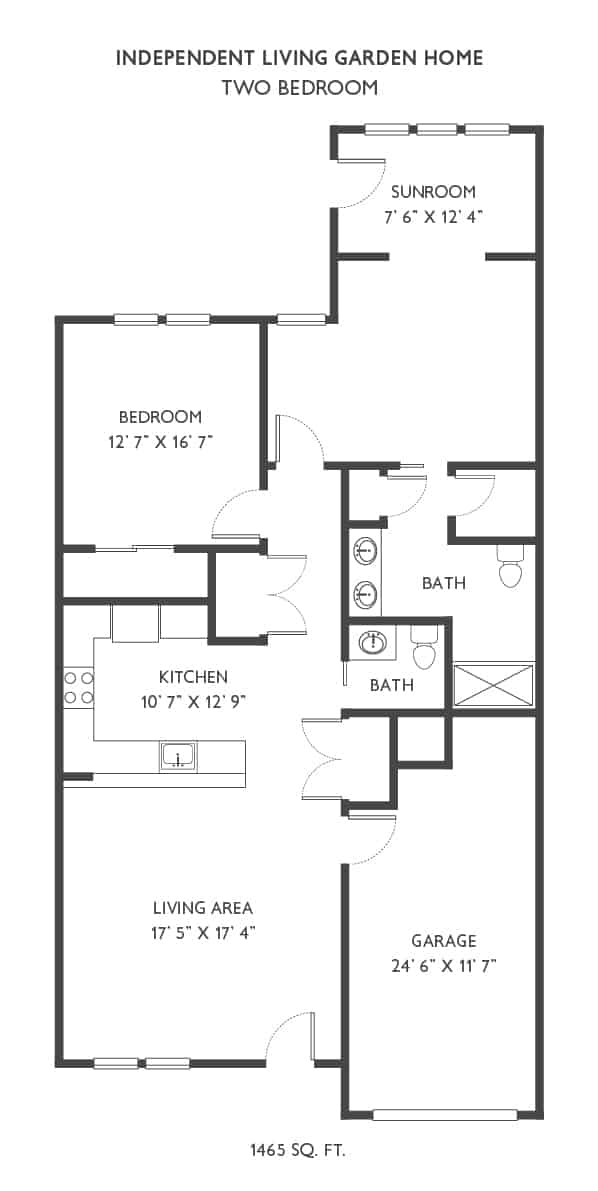 A floor plan of an apartment featuring one bedroom, two bathrooms, and a kitchen area.