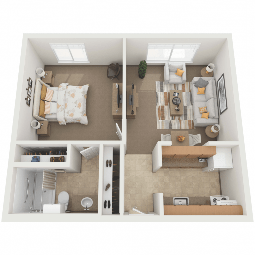 A 3D floor plan of a one-bedroom apartment featuring a living area, kitchen, and bathroom.