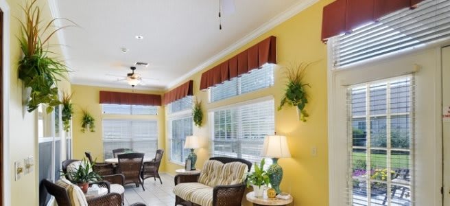 A bright living room with yellow walls, comfortable seating, and decorative indoor plants.