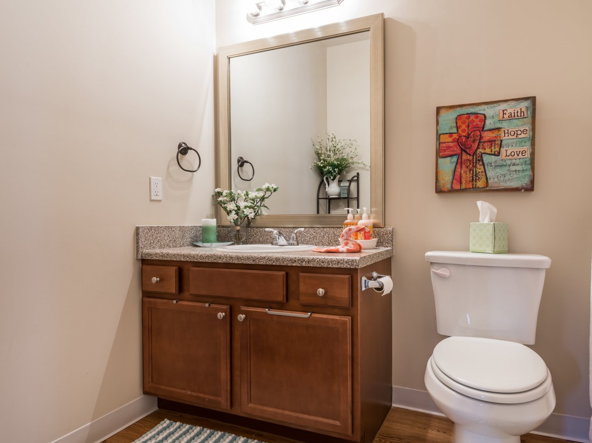 A neatly arranged bathroom with a wooden cabinet, mirror, and decorative elements.