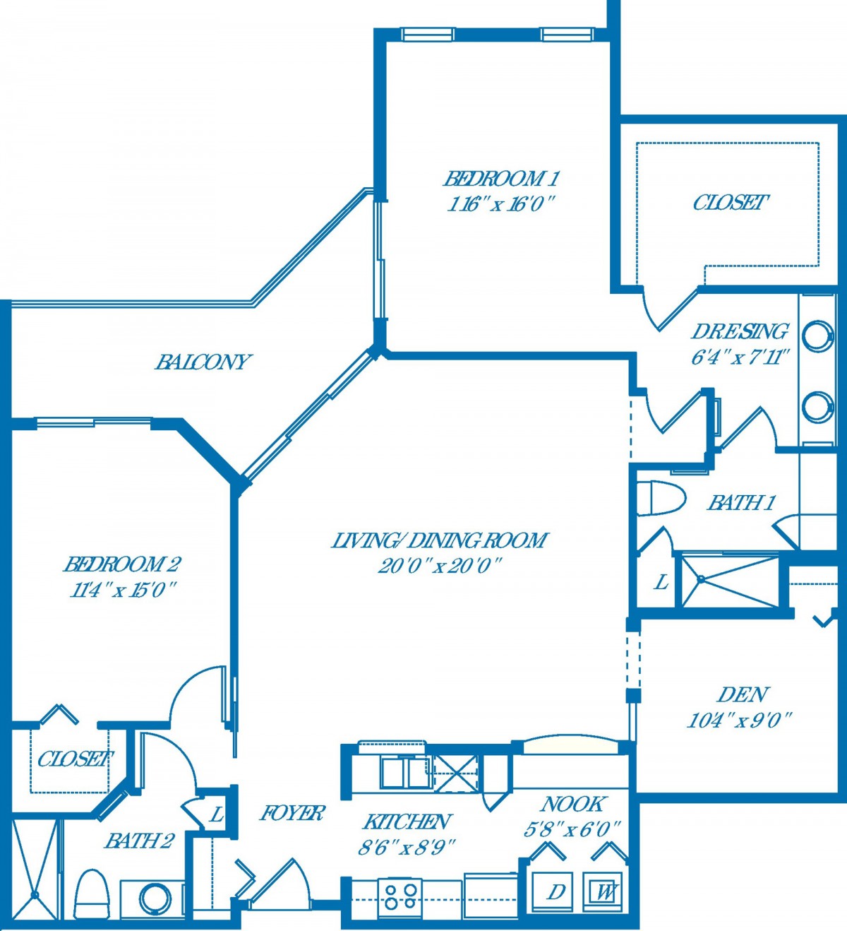 A blueprint of an apartment featuring multiple rooms, including bedrooms, bathrooms, a living room, and kitchen.