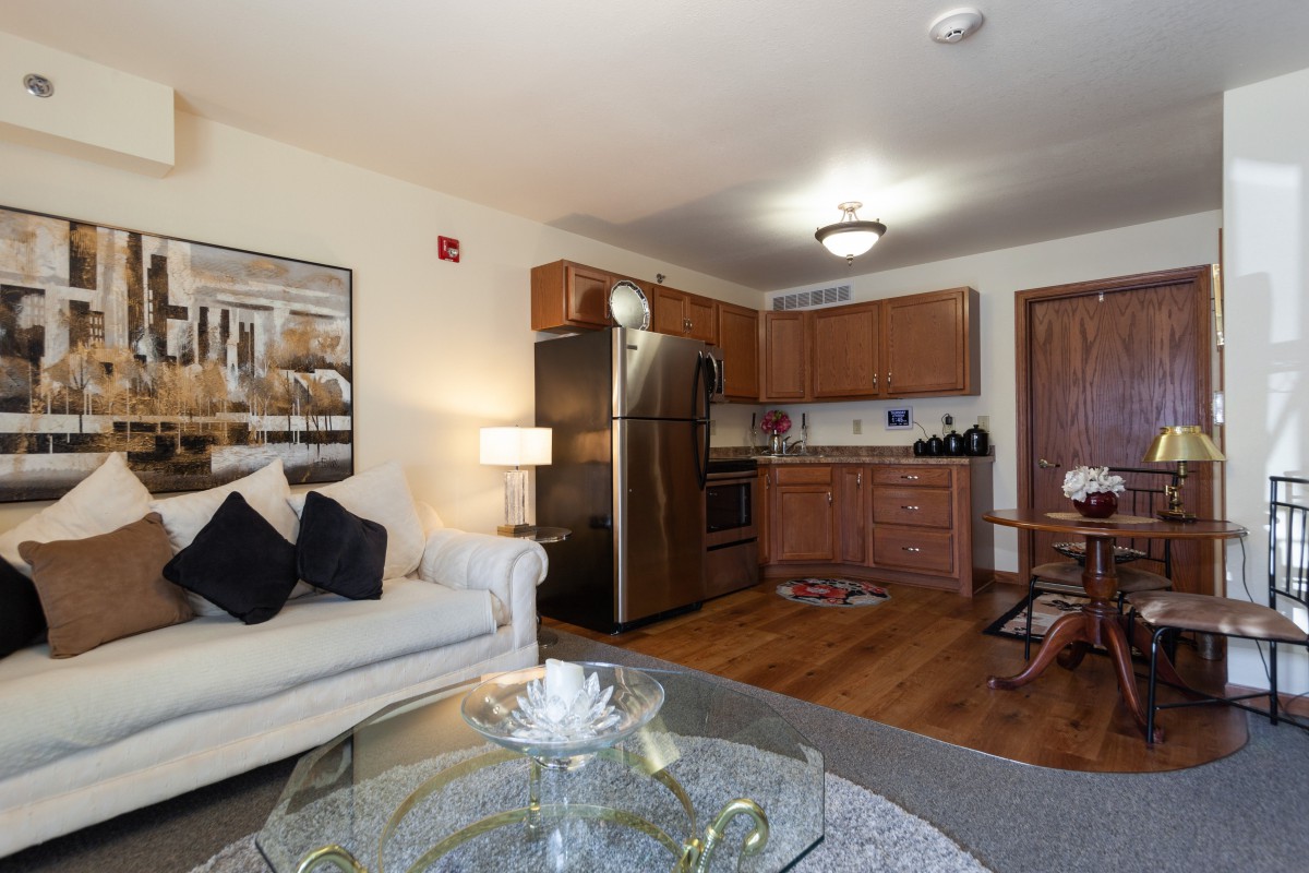 A cozy apartment interior featuring a living room with a sofa, coffee table, and adjoining kitchen area.
