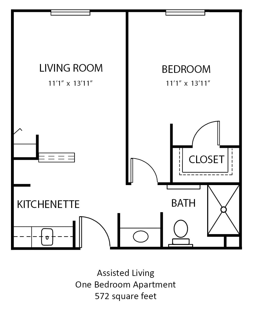 Floor plan of an assisted living apartment featuring a living room, bedroom, kitchenette, bath, and closet.