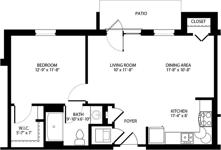 A floor plan showing the layout of a one-bedroom apartment with labeled rooms and dimensions.
