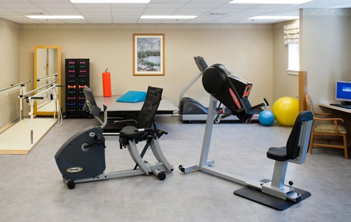 A fitness center equipped with exercise machines and therapy tools.