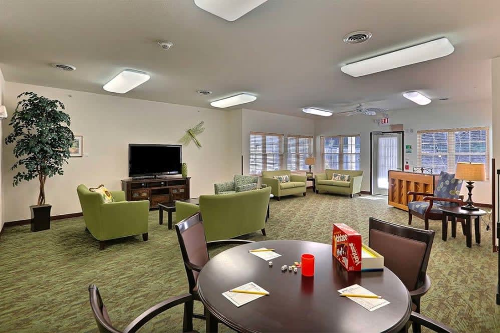 A cozy lounge with green armchairs, a TV, and a round table.