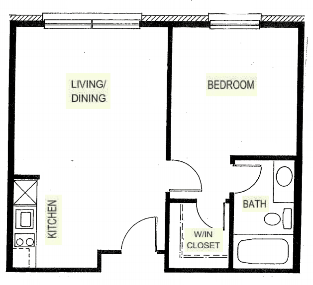 A layout of a one-bedroom apartment featuring a living/dining area, kitchen, bathroom, and walk-in closet.