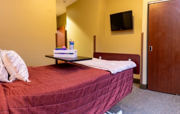 A hospital room with a bed, bedside table, and wall-mounted television.