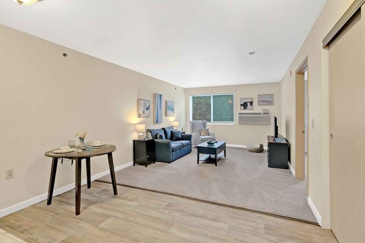 A modern living room with a comfortable sofa, coffee table, and TV setup.