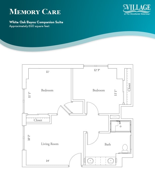 Floor plan of a memory care suite, showcasing the layout of rooms and living space.
