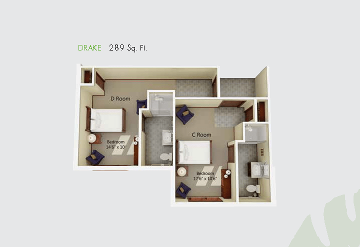 A floor plan of a two-bedroom apartment with an area of 289 sq. ft.