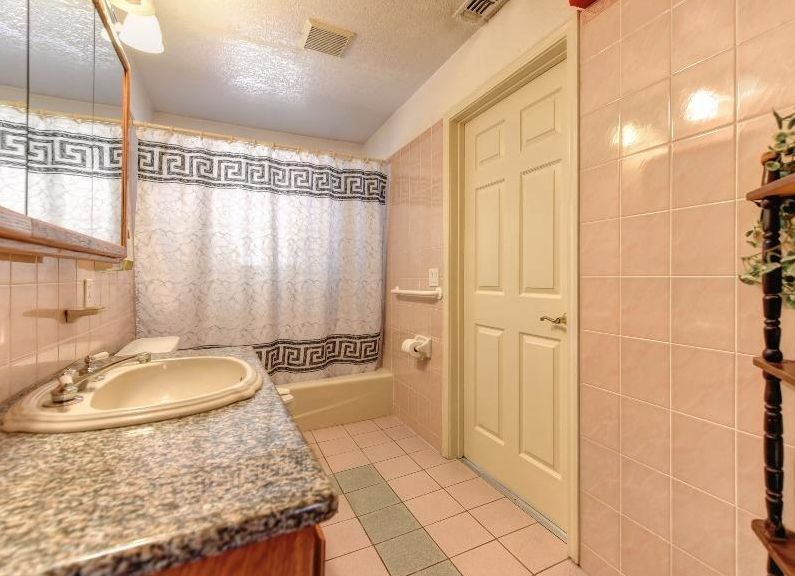 A bathroom featuring a granite countertop, sink, bathtub with a patterned shower curtain, and tiled flooring.